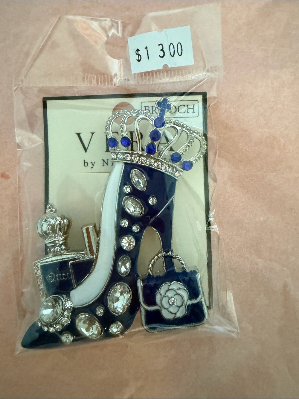 High Heel Crown Brooch - Navy Blue and White